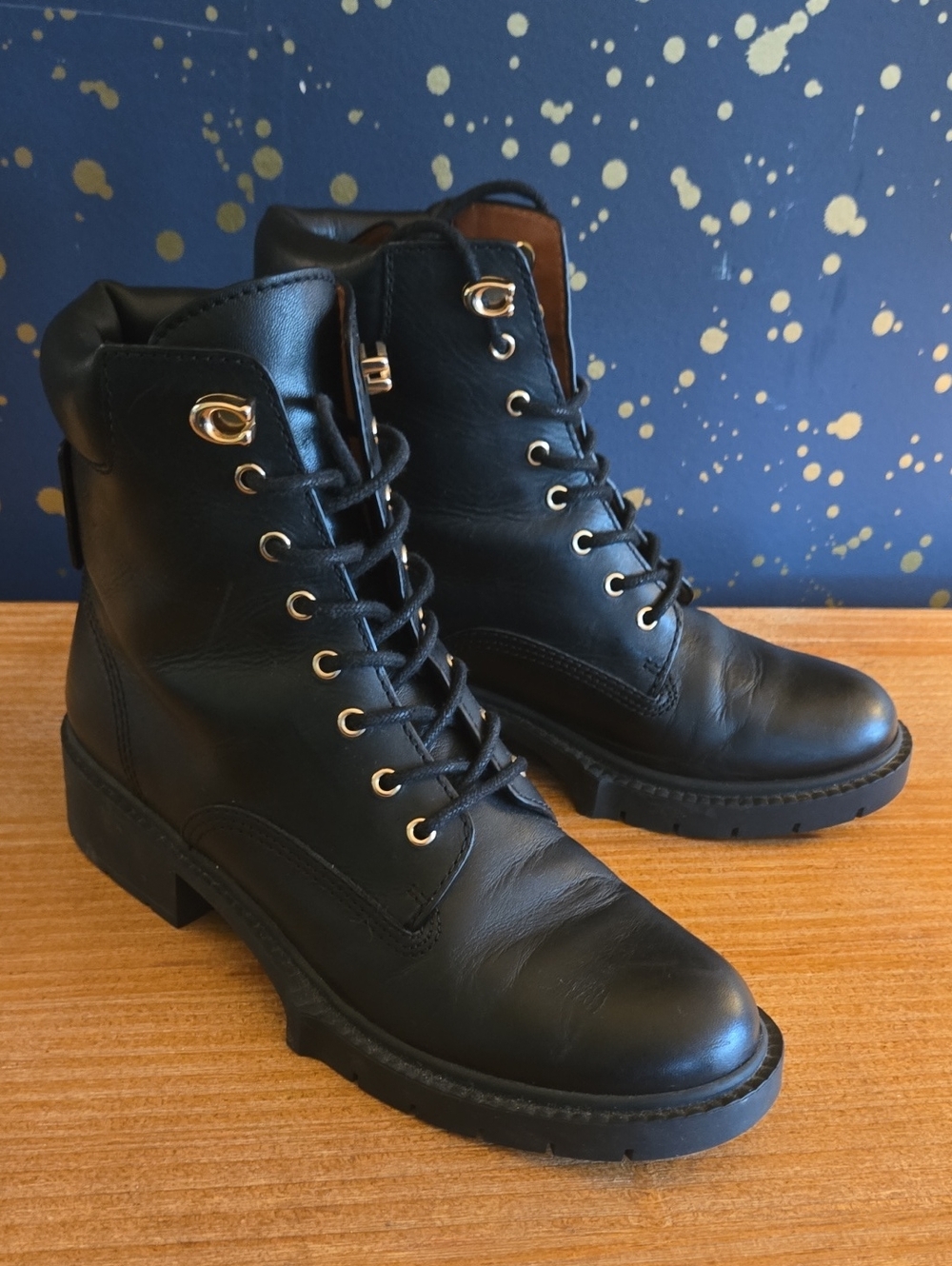 COACH Lorimer Black Leather Military Lace Up Combat Boots Gold Hardware Size 7